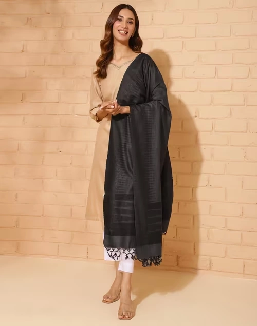 Black Cotton Silk Woven Dupatta