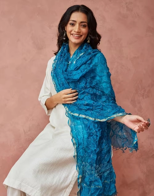 Turquoise Silk Blend Bandhani Dupatta