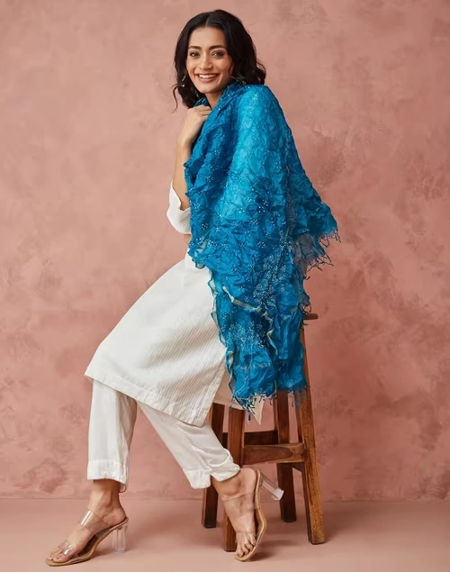 Turquoise Silk Blend Bandhani Dupatta