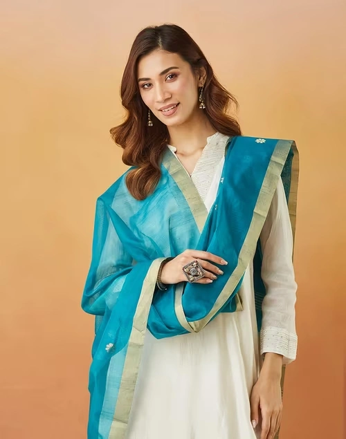 Teal Cotton Silk Blend Chanderi Dupatta