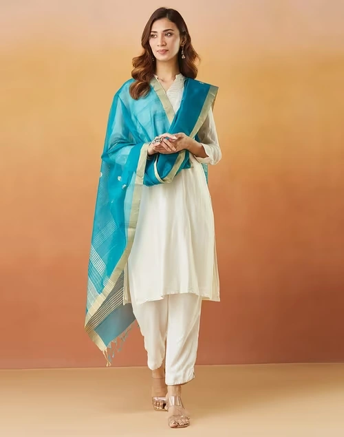 Teal Cotton Silk Blend Chanderi Dupatta 3 Teal Cotton Silk Blend Chanderi Dupatta