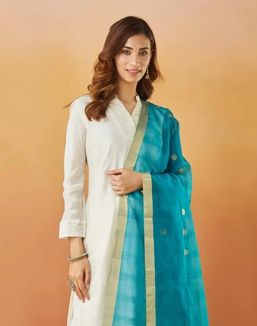 Teal Cotton Silk Blend Chanderi Dupatta 4 Teal Cotton Silk Blend Chanderi Dupatta