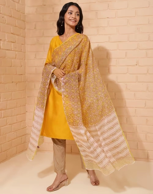 Green Cotton Silk Hand Block Printed Dupatta 3 Green Cotton Silk Hand Block Printed Dupatta