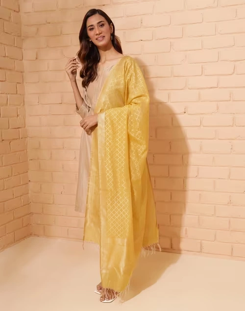 Yellow Cotton Silk Blend Woven Dupatta