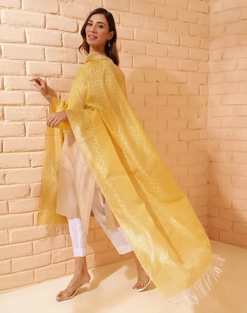 Yellow Cotton Silk Blend Woven Dupatta 3 Yellow Cotton Silk Blend Woven Dupatta