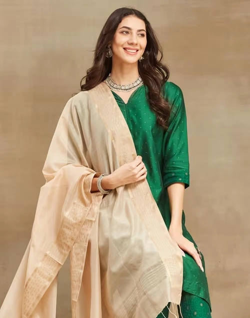 Beige Cotton Silk Blend Maheshwari Dupatta