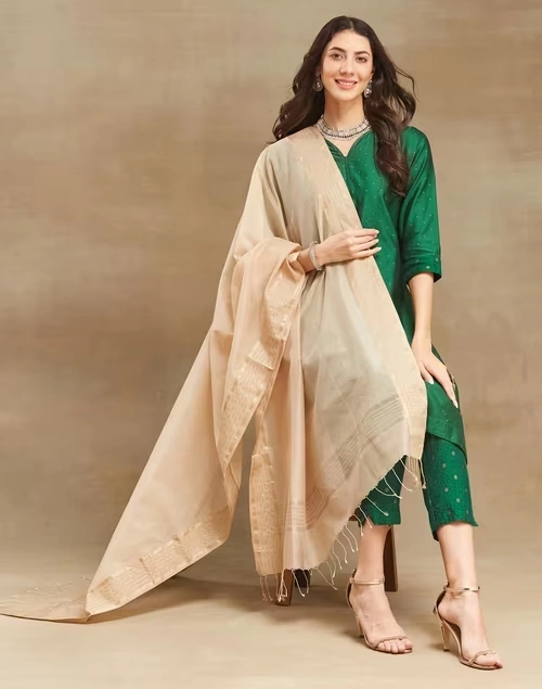 Beige Cotton Silk Blend Maheshwari Dupatta