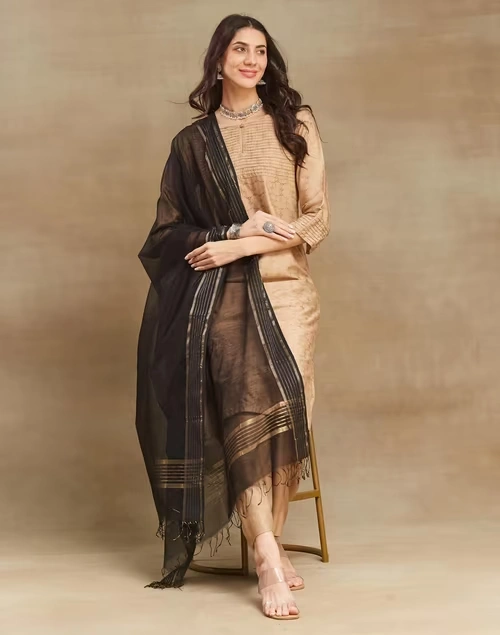 Black Cotton Silk Blend Maheshwari Dupatta