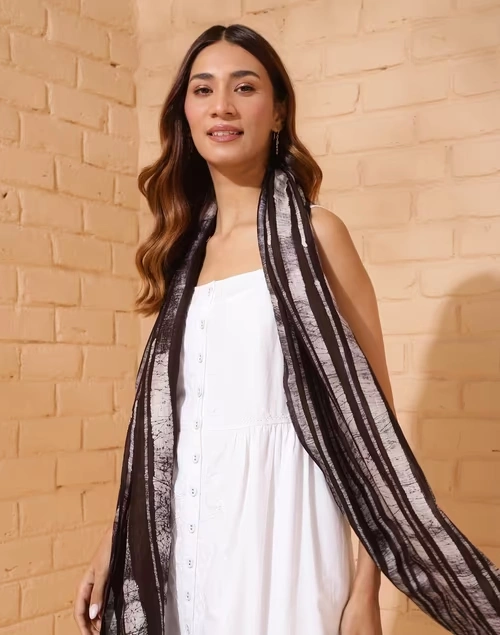 Navy Silk Batik Printed Stole