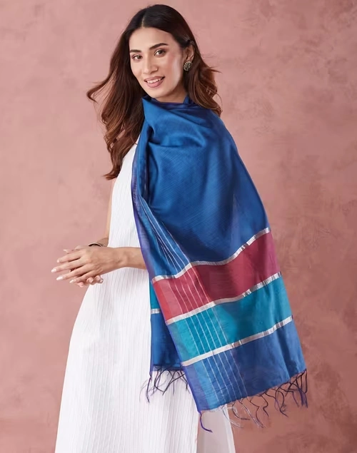 Navy Silk Blend Hand Woven Stole