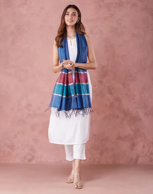 Navy Silk Blend Hand Woven Stole