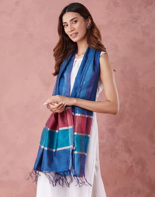 Navy Silk Blend Hand Woven Stole