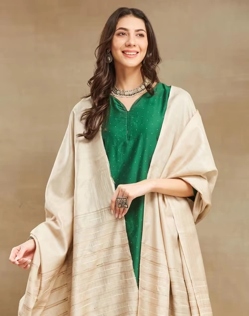 Beige Silk Blend Woven Dupatta