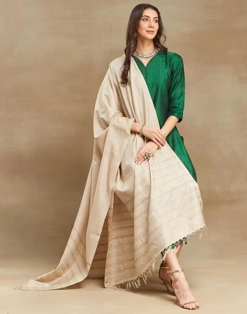 Beige Silk Blend Woven Dupatta