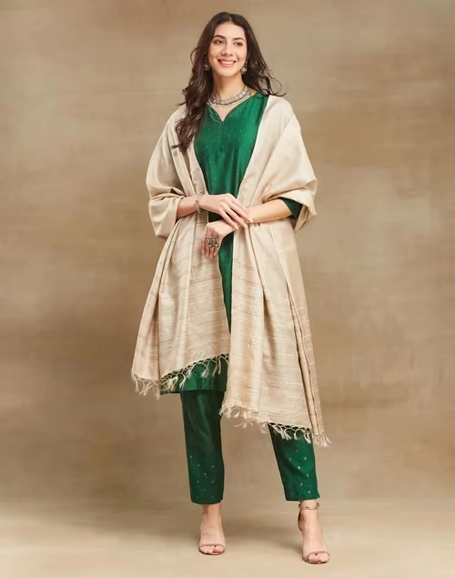 Beige Silk Blend Woven Dupatta 3 Beige Silk Blend Woven Dupatta