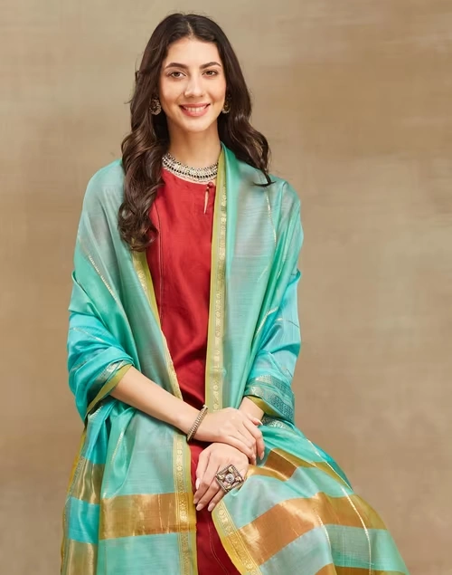 Turquoise Cotton Silk Blend Maheshwari Dupatta
