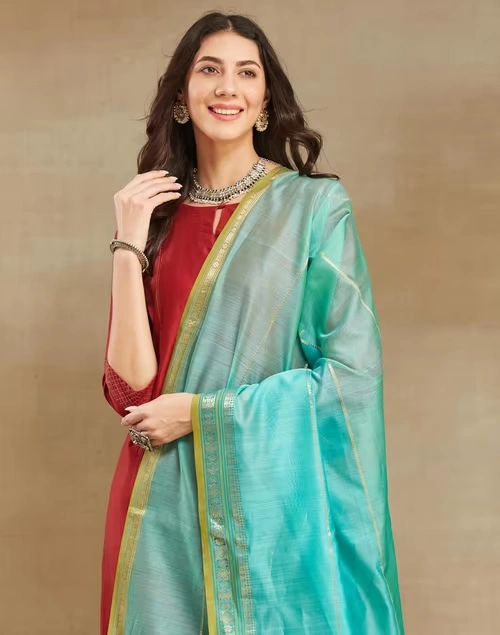 Turquoise Cotton Silk Blend Maheshwari Dupatta 4 Turquoise Cotton Silk Blend Maheshwari Dupatta