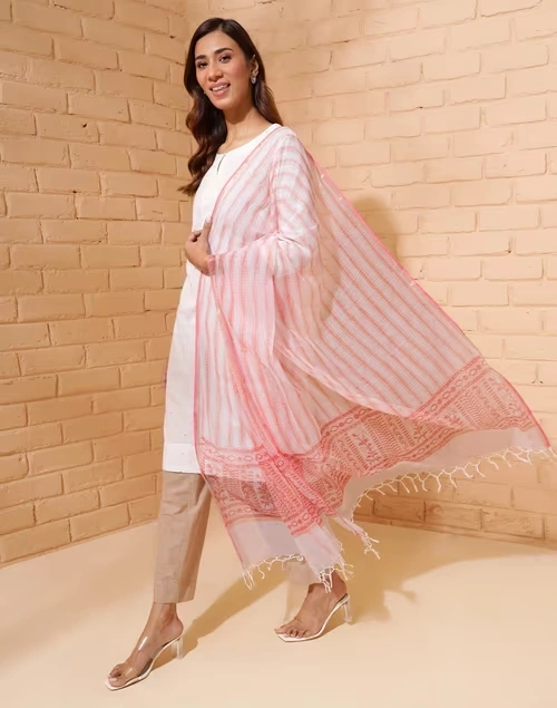 Beige Cotton Silk Blend Maheshwari Dupatta