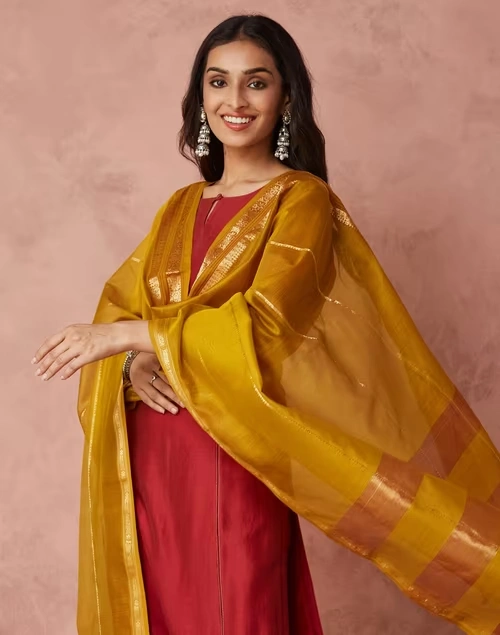 Mustard Cotton Silk Blend Maheshwari Dupatta