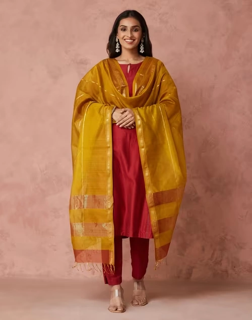 Mustard Cotton Silk Blend Maheshwari Dupatta
