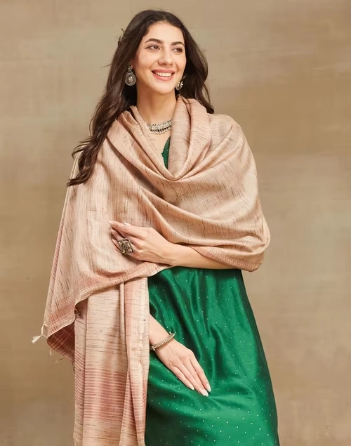 Beige Silk Blend Woven Dupatta