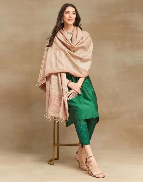 Beige Silk Blend Woven Dupatta