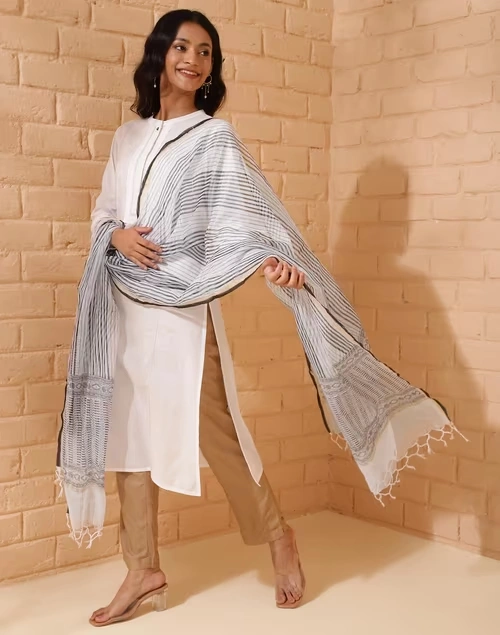 Natural Cotton Silk Blend Hand Block Printed Dupatta 3 Natural Cotton Silk Blend Hand Block Printed Dupatta