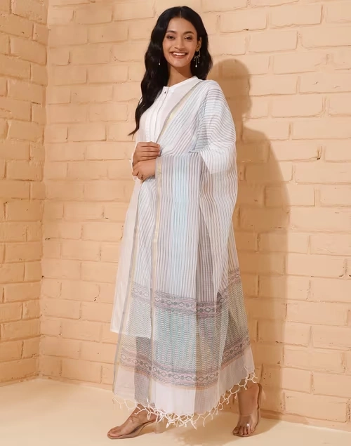 Natural Cotton Silk Blend Hand Block Printed Dupatta