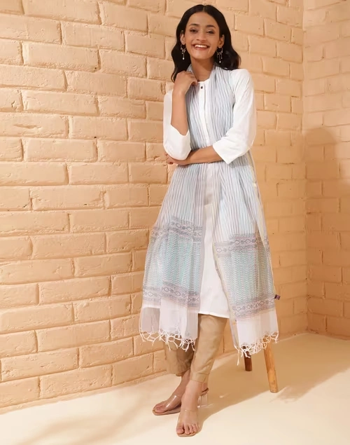 Natural Cotton Silk Blend Hand Block Printed Dupatta 3 Natural Cotton Silk Blend Hand Block Printed Dupatta