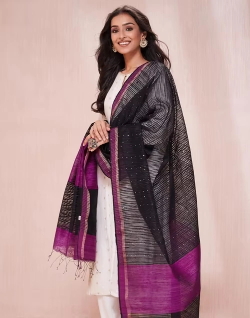 Black Silk Blend Woven Dupatta
