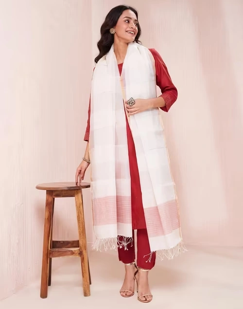 White Cotton Silk Blend Woven Dupatta