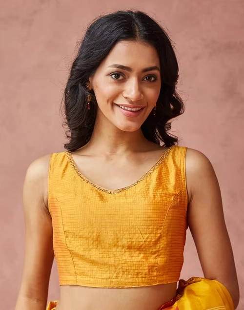 Mustard Cotton Silk Blend Embroidered Stitched Blouse