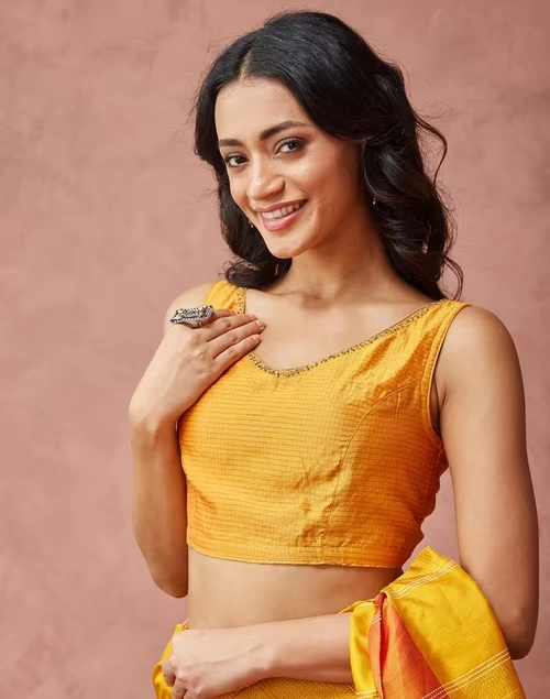 Mustard Cotton Silk Blend Embroidered Stitched Blouse