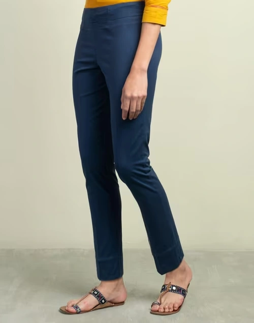 Blue Cotton Full Length Formal Slim Stretch Pant