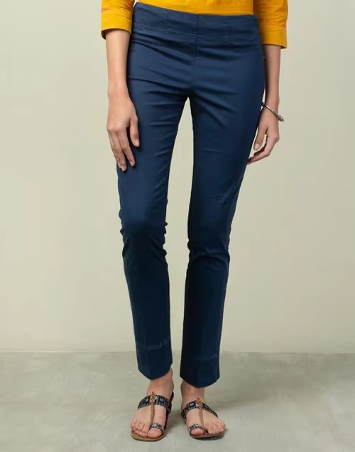 Blue Cotton Full Length Formal Slim Stretch Pant