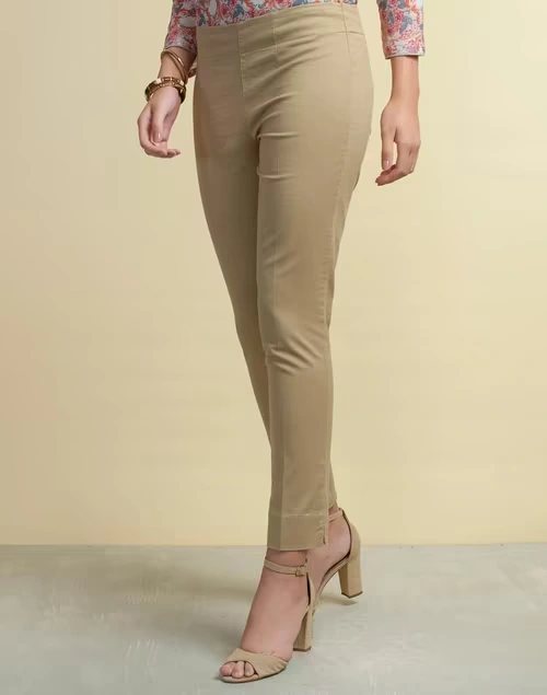 Beige Cotton Full Length Formal Slim Stretch Pant