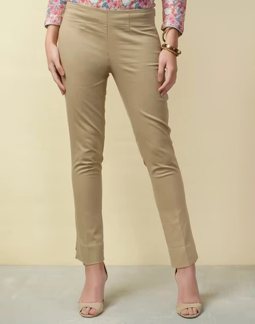 Beige Cotton Full Length Formal Slim Stretch Pant