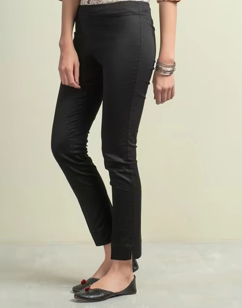 Black Cotton Full Length Formal Slim Stretch Pant