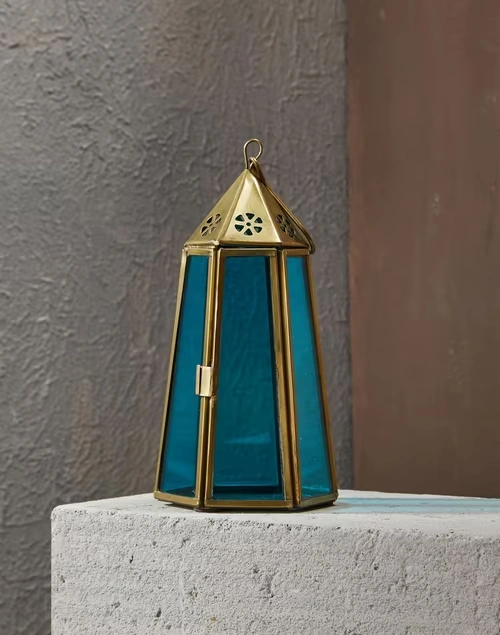 Teal Cutwork Glass Hanging Lantern