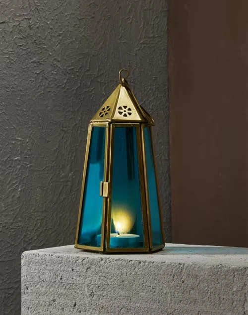 Teal Cutwork Glass Hanging Lantern