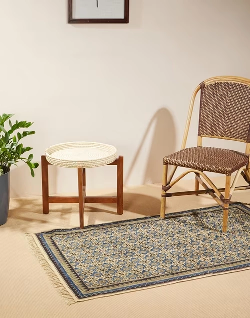 Blue Kalamkari Printed Cotton Dhurrie