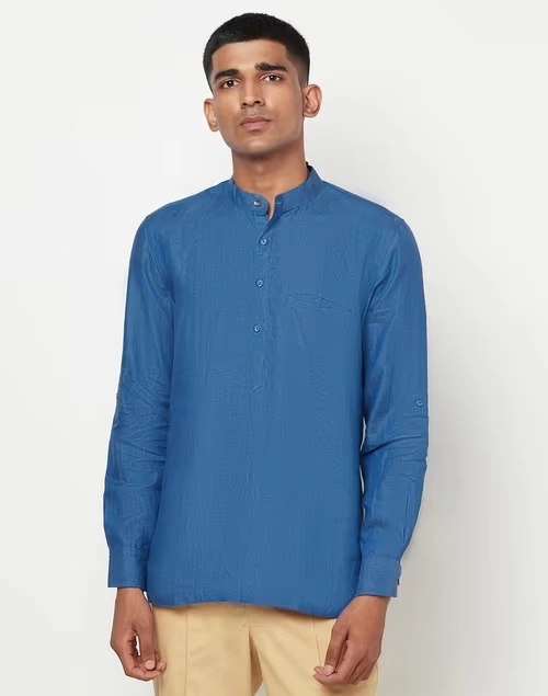 Blue Linen Slim Fit Mid Placket Shirt
