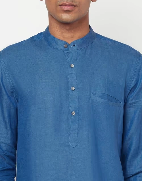 Blue Linen Slim Fit Mid Placket Shirt