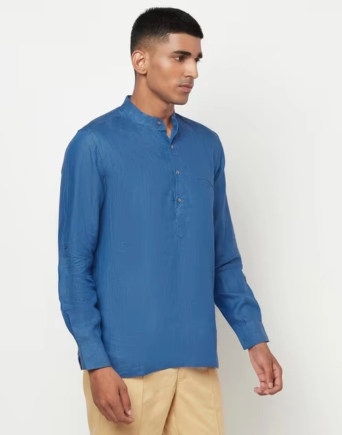 Blue Linen Slim Fit Mid Placket Shirt 3 Blue Linen Slim Fit Mid Placket Shirt