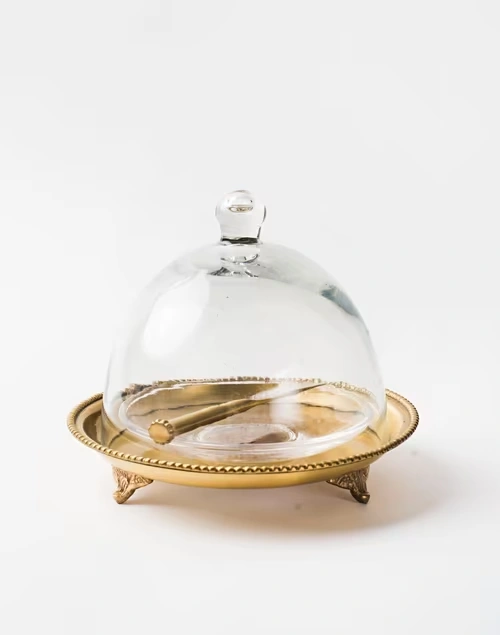 Antique Brass Paridhi Glass Butter dish
