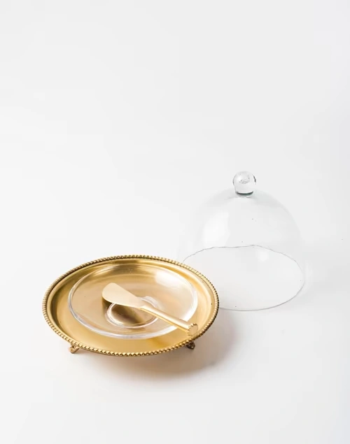 Antique Brass Paridhi Glass Butter dish