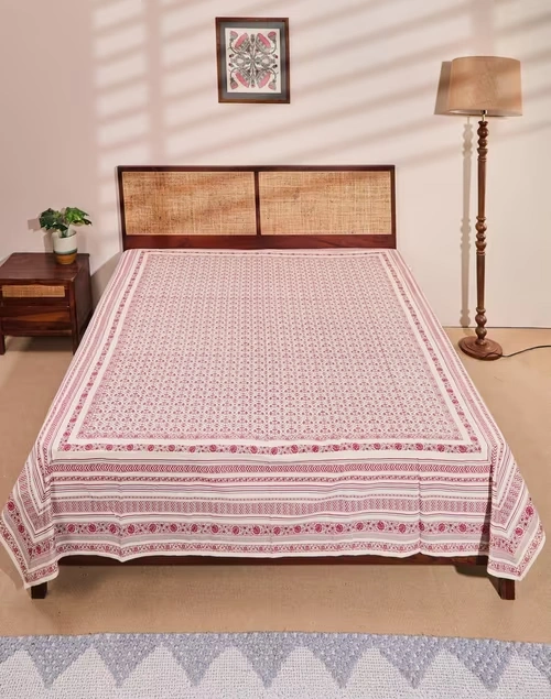 Pink Varda Cotton Printed Double Bed Cover