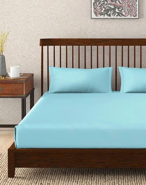 Teal Rihan Cotton Double Bed Sheet Set With 2 Pillow Covers