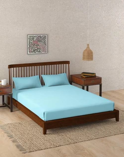 Teal Rihan Cotton Double Bed Sheet Set With 2 Pillow Covers