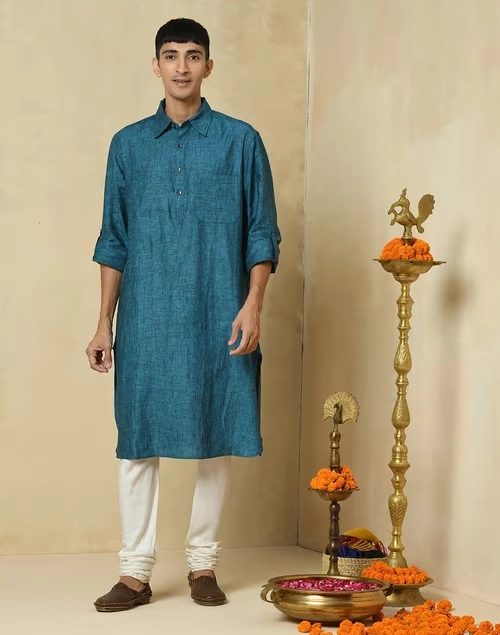 Blue Linen Yoke Detail Pathani Kurta With Cuff
